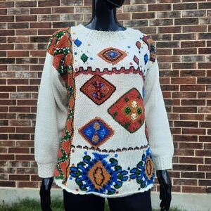Vintage 90s Southwestern Pattern Embroidered and Beaded Hand Knit Sweater | S